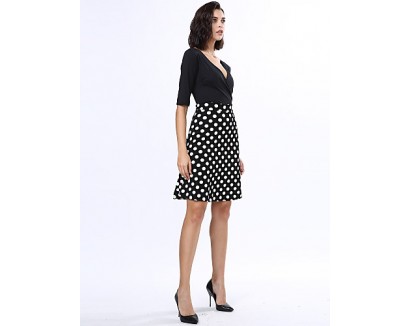 Women's Casual/Daily Plus Size Dress,Solid / Polka Dot V Neck Knee-length ? Length Sleeve Black Polyester Fall